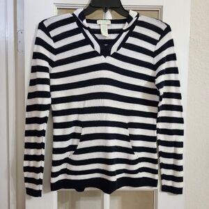 Caribbean Joe Striped Hooded Sweater Petite Large Nautical Cotton Knit
